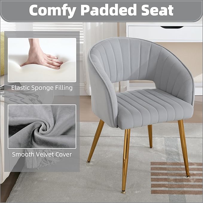 ABET Desk Chair with No Wheels, Velvet Home Office Armchair Gold Legs, Upholstered Modern Accent Chairs, Side Chair for Living Room Bedroom Vanity, Grey