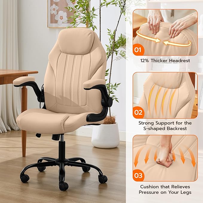 Office Desk Chair, Ergonomic Computer Chair with Padded Flip-Up Arms and Adjustable Lumbar Support, PU Leather Executive Chair with Tilt Lock and 360° Swivel Rolling Wheels for Work, Study