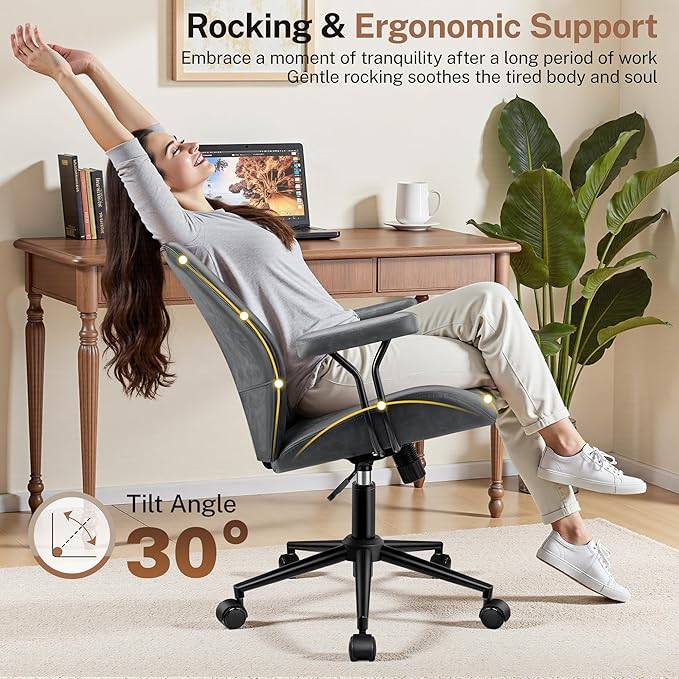 Leather Office Chair with Removable Armrests, Mid Back Ergonomic Desk Chair with Lumbar Support, Adjustable Height Rocking Swivel Executive Chair for Home Office, Dark Gray