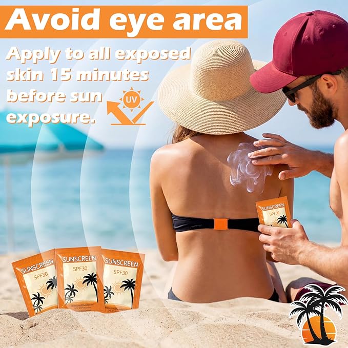 Leelosp Pack of 100 Mini Sunscreen Packets Bulk SPF 30+ Travel Size Sunscreen Lotion Moisturizing for Summer Party Favors Thank You Gifts