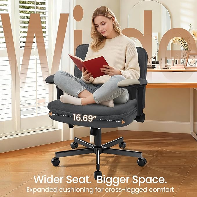 Criss Cross Office Chair with Wheels - Wide Seat Criss Cross Desk Chair with Flip-up Arms and Thick Cushion - Comfy Tilting Swivel Rolling Vanity Chair for Home Office Bedroom Apartment