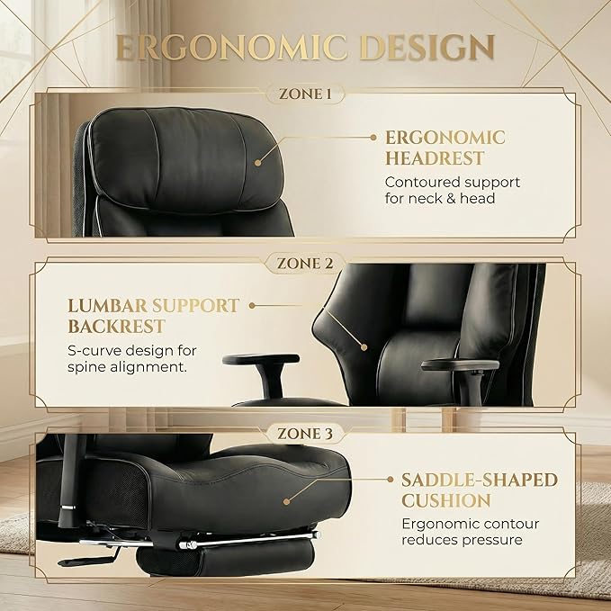 Big and Tall Office Chair 500lbs - 22.4" Extra Wide Seat Ergonomic Executive Chair, Heavy Duty High Back Leather Office Chair with Footrest, Lumbar Support & Adjustable Arm (All Black)