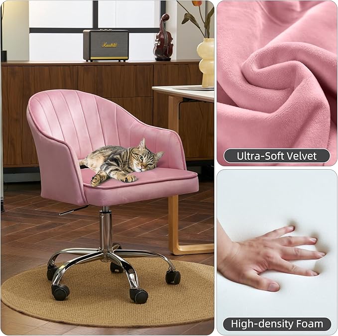 MOJAY Modern Vanity Chair with Wheels, Mid-Back Cutout Velvet Home Office Chair, Swivel Height-Adjustable Soft Seat Cute Desk Chair with Arm Support (Rose Pink)
