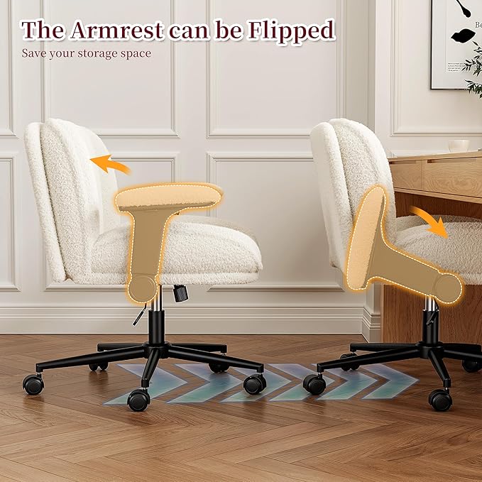 Criss Cross Chair with Wheels,Wide Cross Legged Office Chair with Flip-Up Arms,White Vanity Chair with Extra-Deep Seat Thickened for Home Office,Vanity, Apartment Dorms,Plush Cushion,Comfy
