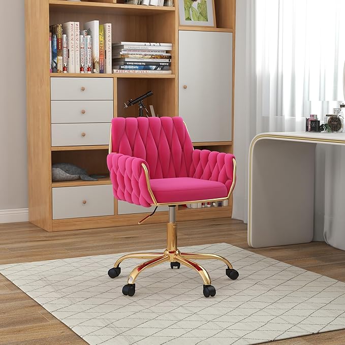 Velvet Home Office Chair, Modern Height-Adjustable Vanity Chair with Golden Base and Hand-Woven Backrest for Bedroom/Study/Vanity (Hot Pink)