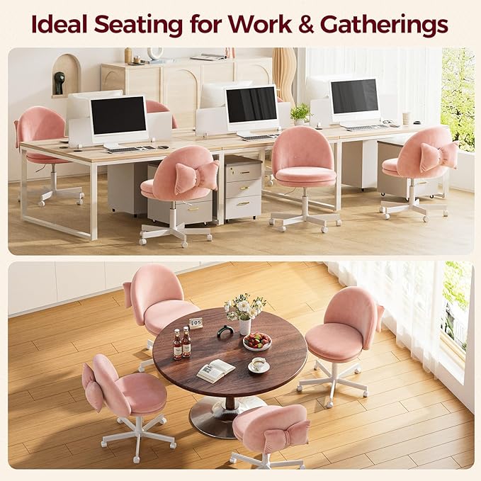 GTPLAYER Velvet Tall Office Chair with Wheels Vanity Chairs with Back, Versatile Height Use: Office to Bar Stools Small Ergonomic Comfy Armlees Computer Desk Chair with Bow Lumbar Pillow for Gift