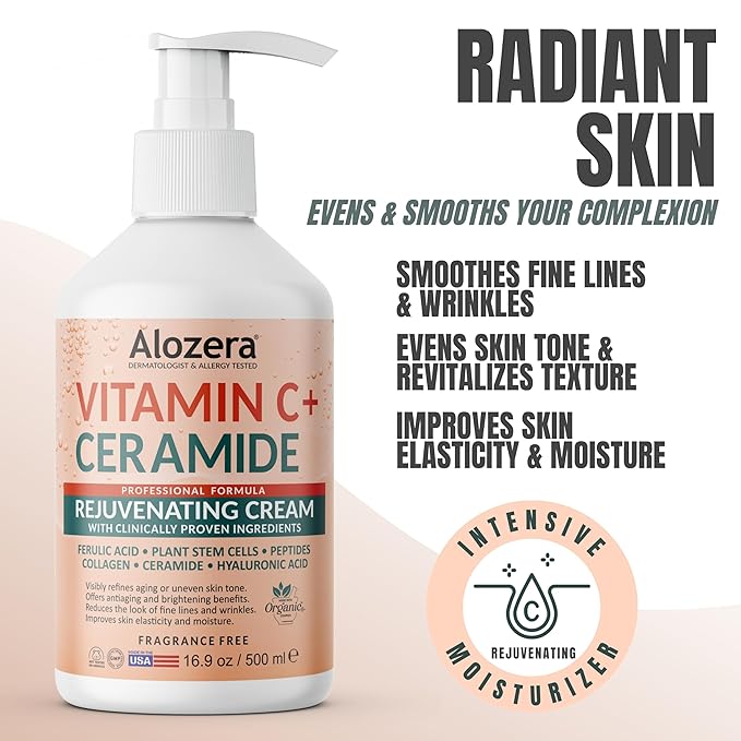 Alozera Vitamin C Ceramide Moisturizer Cream, Rejuvenating Face & Body Lotion with Plant Stem Cell, Helps Brighten and Even Skin Tone, Non-Greasy, Lightweight, Fragrance-Free, 16.9 oz