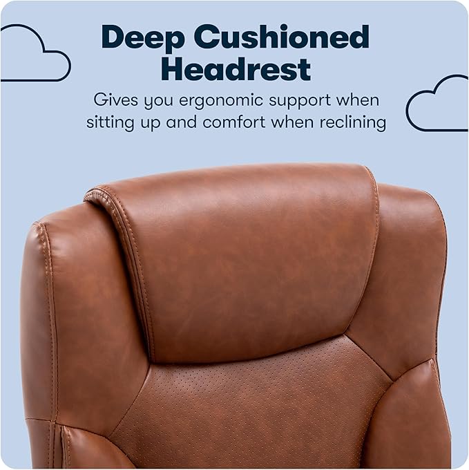 Serta Connor Executive Office Chair, Ergonomic Computer Chair with Layered Body Pillows, Contoured Lumbar, Adjustable Seat Height, Bonded Leather, Cognac