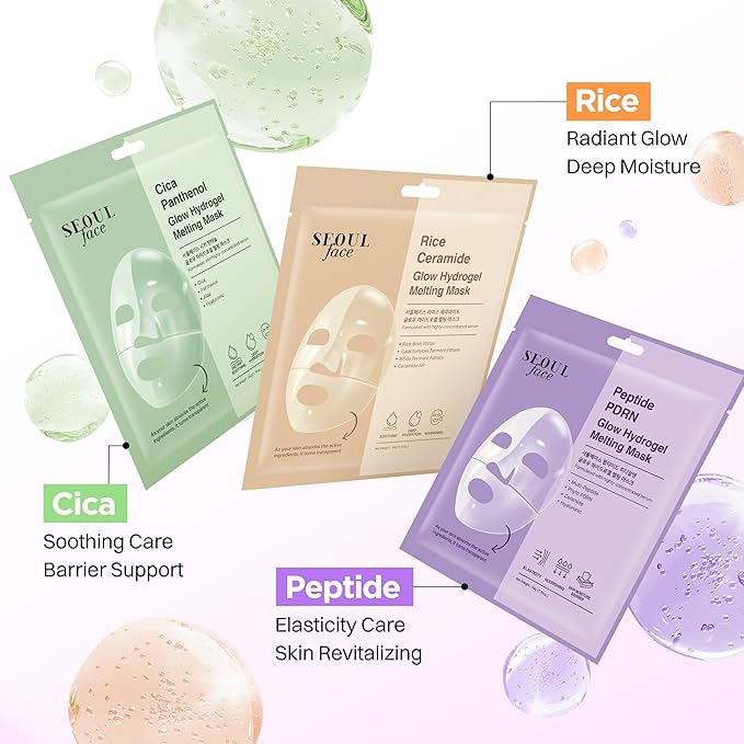 DERMAL Hydrogel Melting Mask Variety Pack 7 Sheets - Korean Overnight Face Mask Set with Collagen, Hyaluronic, PDRN, Vitamin, Rice Ceramide, Peptide, Cica - Glass Skin Jelly Gel K-Beauty Ritual