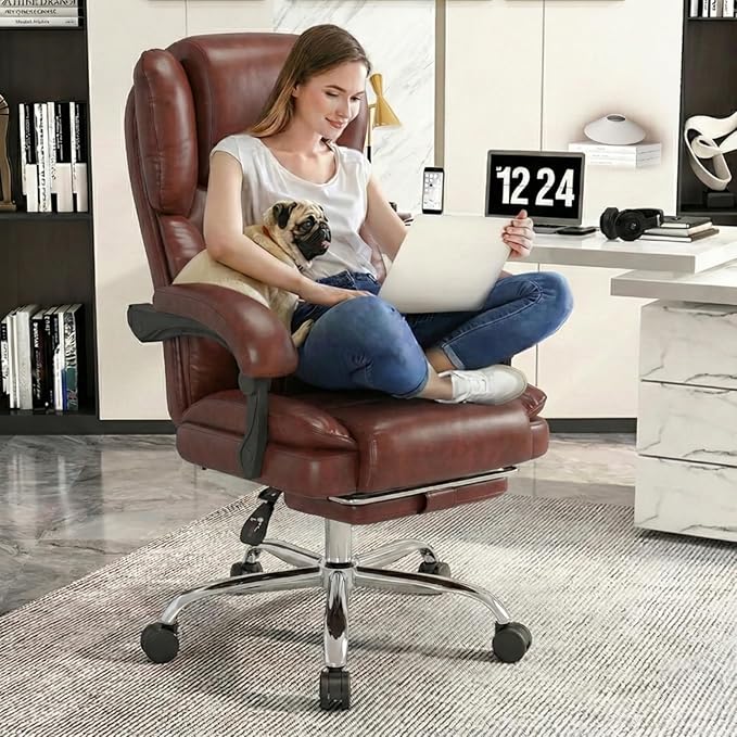 Big and Tall Office Chair, Executive Home Office Desk Chair, Leather Computer Chair with Retractable Footrest, Adjustable Headrest and Reclining Height, Padded Arms, 360°Swivel Free, Wide Seat, Brown
