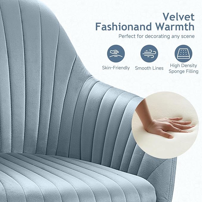 Warmiehomy Velvet Desk Chair for Home Office, Modern Adjustable Swivel Task Chair, Women Vanity Chairs with Arm Rest for Bedroom Dressing Room, Light Blue