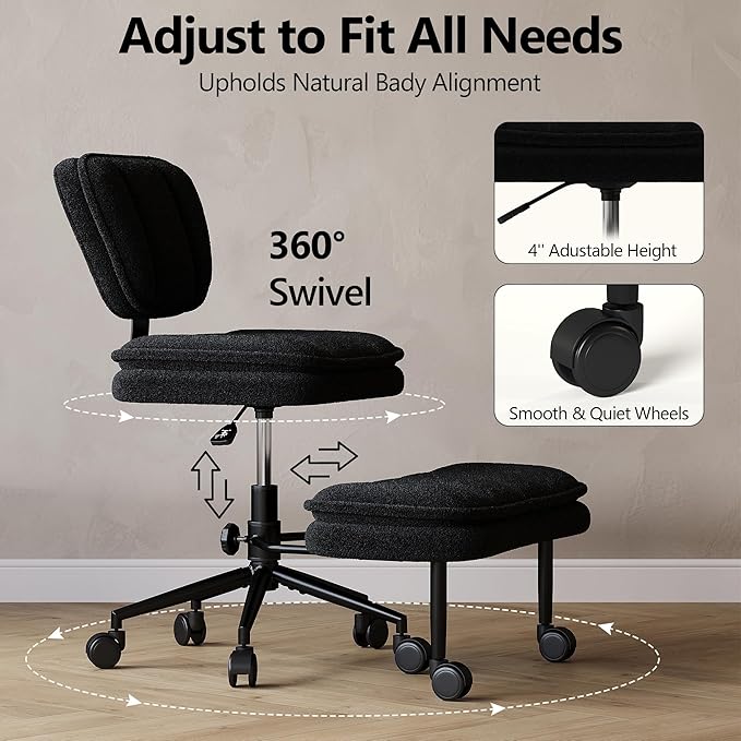AODAILIHB Ergonomic Cross Legged Office Chair with Pull-Out Stool, 360° Swivel Teddy Fabric Meditation Chair with Wheels, Height Adjustable Kneeling Chair with Lumbar Support for Home Office, Black