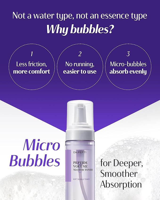 DR.PEPTI Korean Peptide Volume Master Toner for Face - 12 Peptides Bubble Formula Pore Refining Elasticity Hydrating Facial Toner with Hyaluronic Acid Collagen Centella for All Skin Types, 5.24 fl.oz.