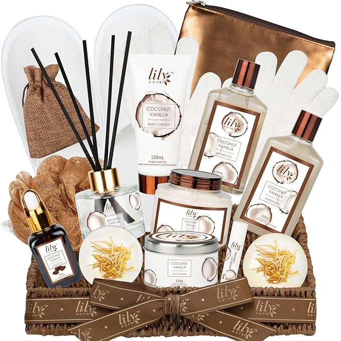 Bath and Body Gift Basket Set for Women - Coconut Vanilla Gift, Spa Gift Basket 17-Piece Bath Gift Set Self Care Gift for Mothers Day, Fathers Day, Birthday, Christmas Gifts, Valentines Day Gifts