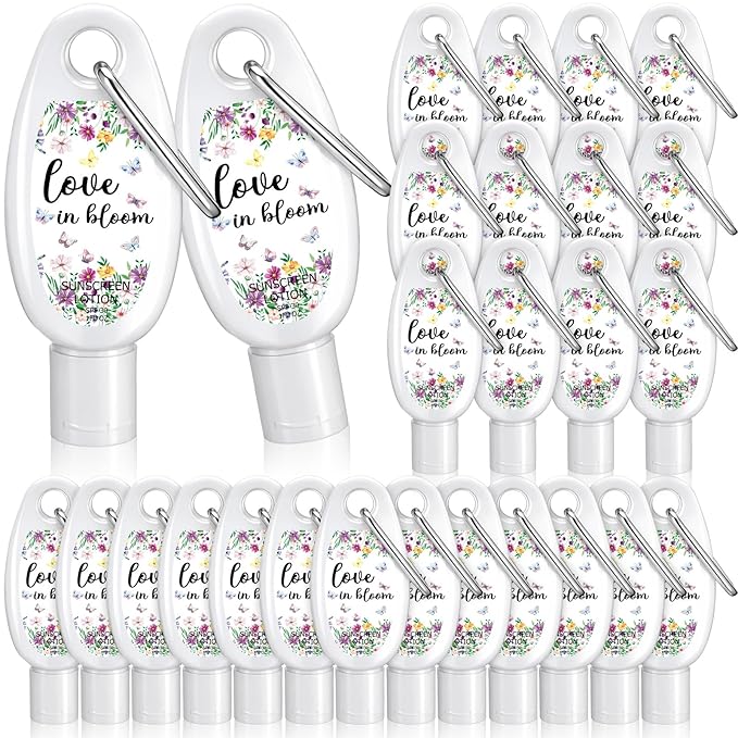 Leelosp 30 Pcs Mini Sunscreen with Carabiner Bulk Travel Size 1 Fl. oz. Spf 30 Sunblock Lotion Love in Bloom Wildflower Baby Shower Party Favor Bridal Shower Wedding Engagement Gifts for Guest