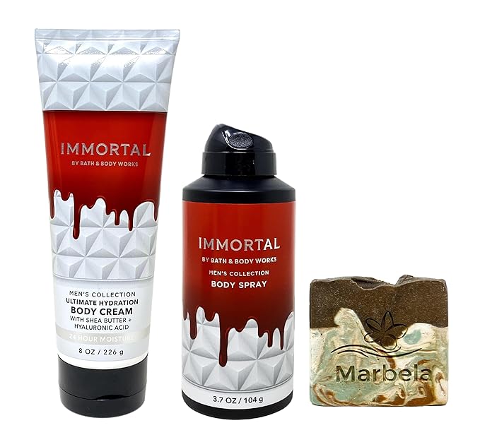 Bath & Body Works Men's Collection Immortal Body Cream and Body Spray Bundle with a Cabin Spice Bar Soap - Full Size