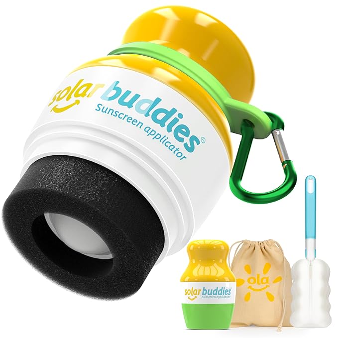 Solar Buddies Grab & Go Travel Bundle, Carabina Clip & Cleaning Brush - Single Green - Refillable Roll on Sponge Sunscreen, Suncream & Lotion Applicator For Kids, Adults & Families - Holds 100ml
