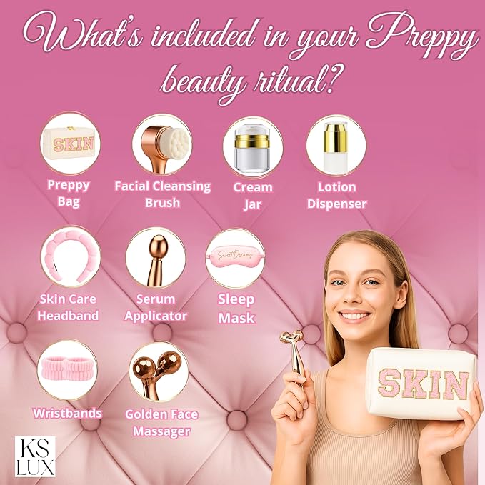 Preppy skincare set women, pink skincare for teen girls, cute skin care kit for teens, girls skin care tools, cute preppy stuff for girls 10-12, cool teenager girl gift ideas with clean girl aesthetic