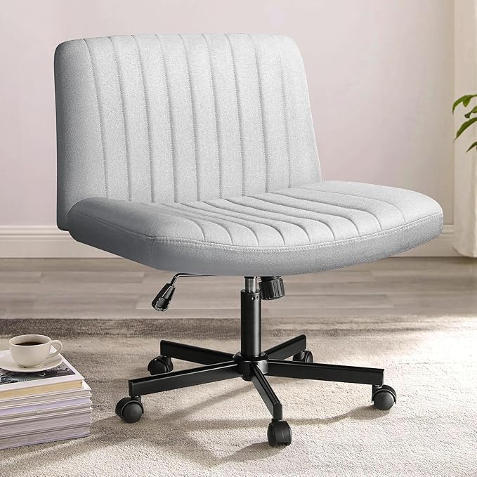 PUKAMI Criss Cross Chair,Comfy Cross Legged Office Desk Chair No Wheels,Modern Fabric Swivel Adjustable Height Mid Back Wide Seat for Home Office Computer (Grey with Wheels)