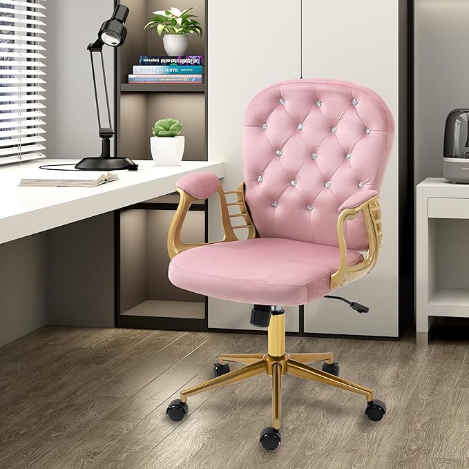 Velvet Home Office Desk Chair Comfy with Gold Legs and Arms, Comfortable Makeup Vanity Chair with Back and Wheels, Button Tufted Armchair Swivel Rolling Study Chair for Girls Women,Pink