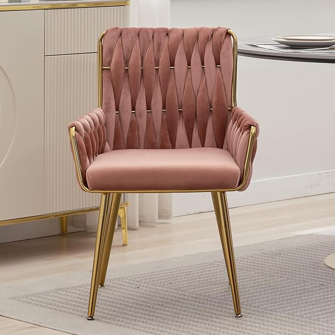 ABET Office Desk Chair No Wheels, Woven Velvet Vanity Chair with Back & Armrest, Comfy Upholstered Cute Gold Metal Legs Makeup Aesthetic Armchair for Girls & Women Bedroom, Nail Spa, Rose Red
