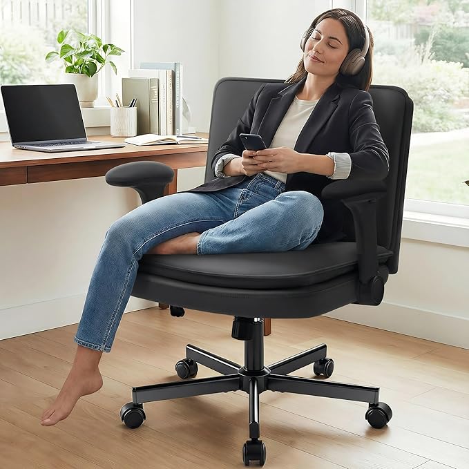 Criss Cross Office Chair with Wheels - PU Leather Wide Criss Cross Desk Chair with Flip-up Arms and Thick Cushion - Comfy Tilting Swivel Rolling Vanity Chair for Home Office Bedroom Apartment