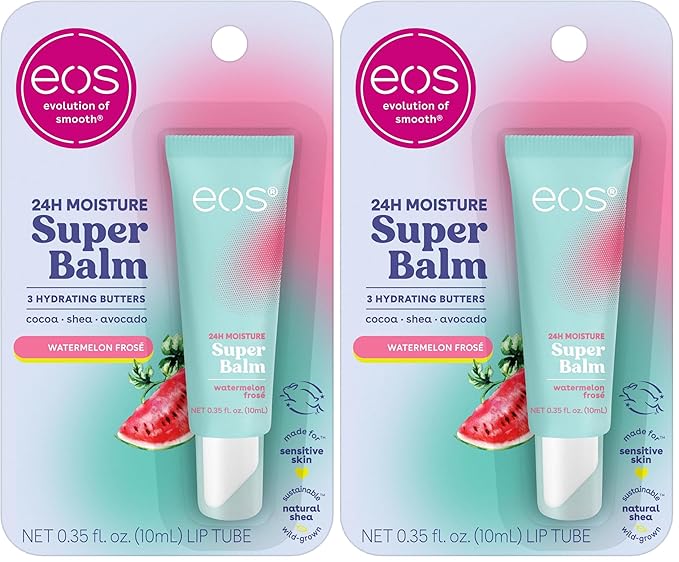 eos Lip Balm, 24H Moisture, Super Balm, Sensitive Skin | Watermelon Frosé | Lip Mask | Day or Night Treatment | Pack of 2
