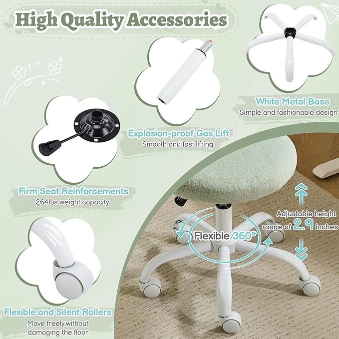 VINGLI Small Vanity Chair with Faux Fur Wheels for Girls,Cute Adjustable Height Armless Office Desk Chair,360°Swivel Comfy Rolling for Study,Make up Room,Small Space,Mint Green