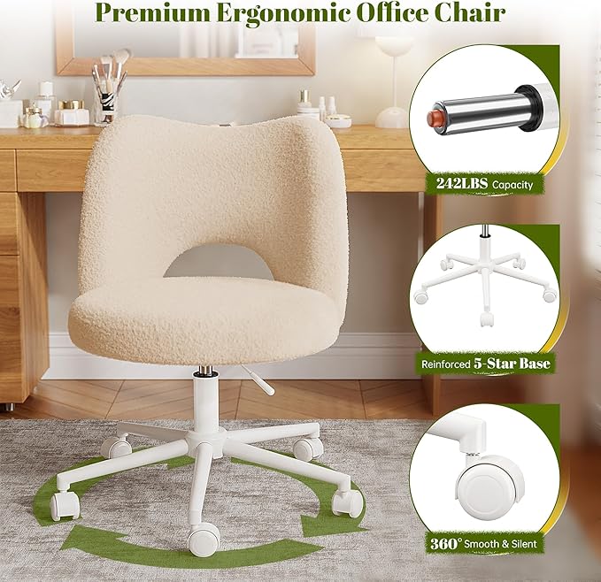 Vanity Chair with Wheels Armless, Cute Vanity Chair with Back,Ultra-Plush Fleece Cute Desk Chair, Small Office Chair Height Adjustable,for Make-up Room,Bedroom,Off-White