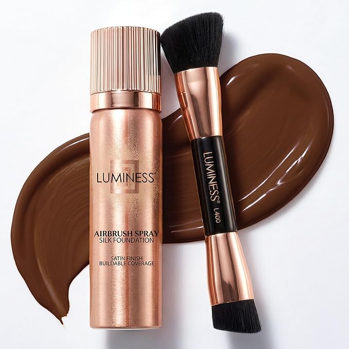 LUMINESS Silk Airbrush Spray Foundation & Buffing Brush Kit – Full Coverage Foundation & Dual-Sided Buffing Brush - Buildable Coverage, Anti-Aging Formula Hydrates & Moisturizes (Shade - Deep Rich)