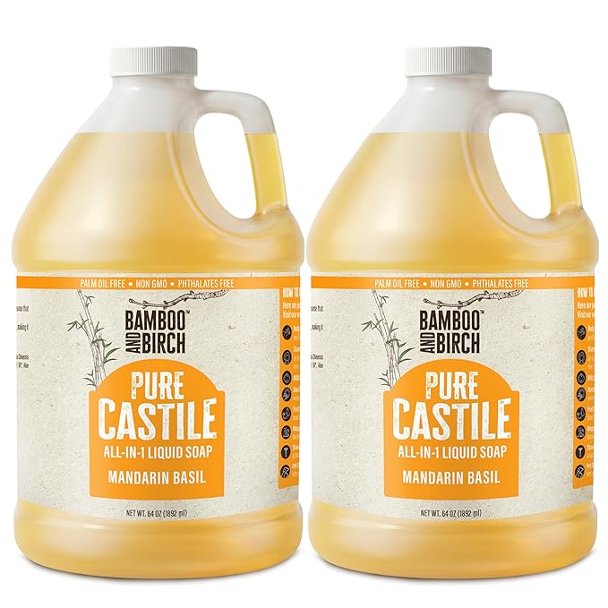 BAMBOO AND BIRCH Pure Castile Soap Liquid, Certified Palm Oil Free Natural Soap, Mandarin Basil, 128 oz