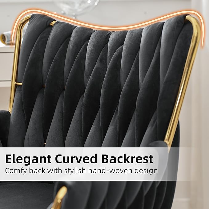 ABET Velvet Desk Chair with Wheels, Cute Upholstered Swivel Office Chair, Modern Gold Rolling Hand Woven Height Adjustable Armchair for Women Girls Home Makeup, Vanity, Nail Salon, Black
