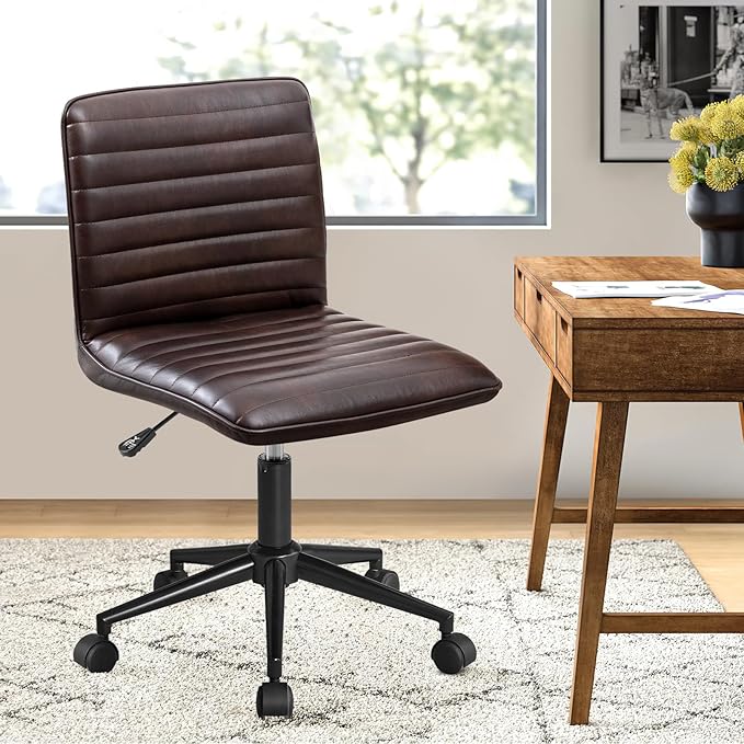 Furniliving PU Leather Office Desk Chair, Armless Vanity Chair with Wheels 360° Swivel Mid Back Height Adjustable, Computer Rolling Chairs with Gold Metal Base Stool, Black Brown