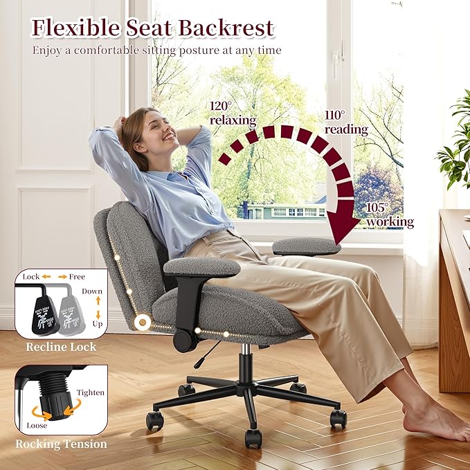 Cross Legged Office Chair with Flip-Up Arms, Wide Criss Cross Chair with Wheels & Extra-Deep Seat Thickened for Home Office, Vanity, Apartment Dorms,Plush Cushion,Comfy,Grey