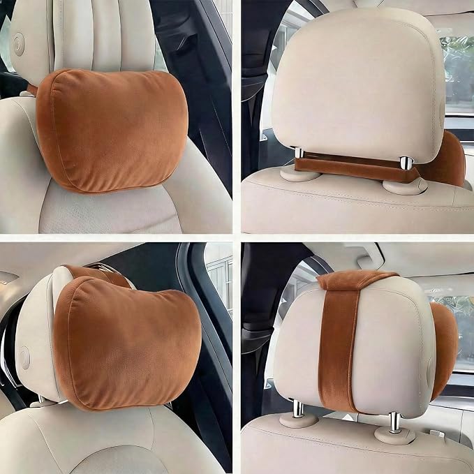 2PCS Car Pillow for Car Neck Pillow for Driving Seat Leather Neck Support Soft Cushion Back Support Head-Rests for Vehicle Sleeping with Elastic Adjustment Strap (Brown, Head and Lumbar)