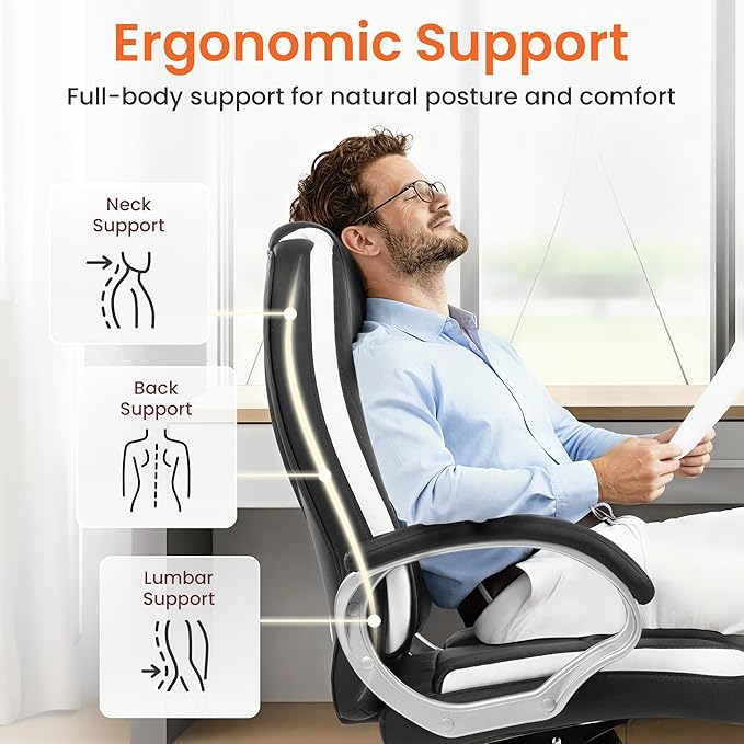 NEO Chair Office Desk Ergonomic Gaming Chair High Back Adjustable Computer Chair with Wheels and Lumbar Support Comfy Leather Executive Swivel (Black)