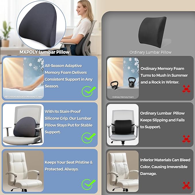 Lumbar Support Pillow for Office Chair and Car with All-Season Adaptive Memory Foam, Ergonomic Back Support for Lower Back Pain Relief, Stay-Put Stain-Proof Silicone Grip (Black)