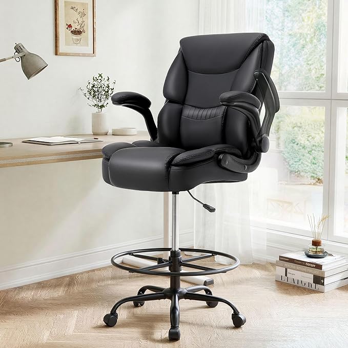 Ergonomic Drafting Chair, Tall Office Chair for Standing Desk, High Back Standing Desk Chair with Flip-Up Armrest, Adjustable Height&Foot Ring, Executive PU Leather Extended Height Office Chairs,Black