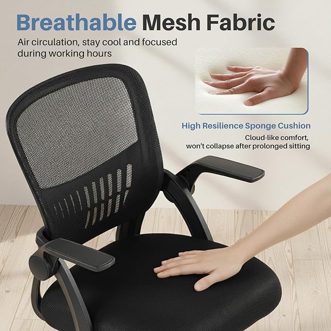 DUMOS Home Office Computer Chair - Ergonomic Mid Back Desk with Lumbar Support and Rocking Mode, Height Adjustable with Flip-up Armrest, for Conference Meeting Room, 360° Swivel, Adults, Black