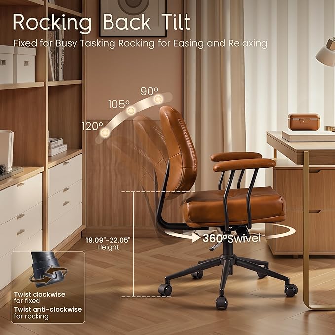 HOOOWOOO Ergonomic Office Chair,Mid Century Modern Computer Desk Chair,Comfy Executive Chair with Extra Wide Tufted Cloudy Seat Lumbar Support Rocking Back,PU Leather Light Brown