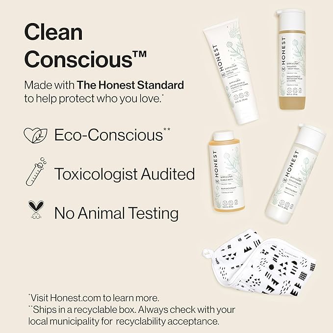 The Honest Company Fragrance-Free Bathtime Gift Set, Hypoallergenic, Bath Essentials for Sensitive Skin, Shampoo and Body Wash, Face Lotion, Bubble Bath, Conditioner, Wash Cloth