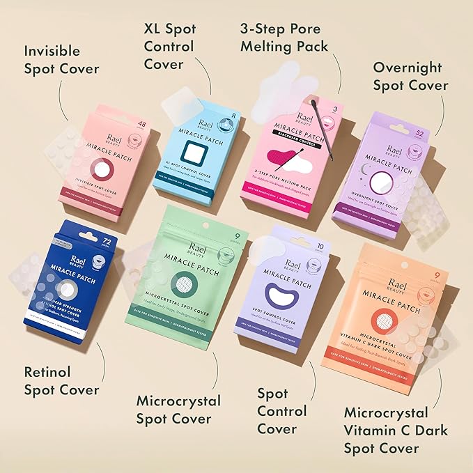 Rael Pimple Patches - Miracle Overnight Spot Cover, Thicker & Extra Adhesion, Hydrocolloid Acne Pimple Patch for Face, Zits & Blemishes, Korean Skin Care, 3 Sizes (104 Count)