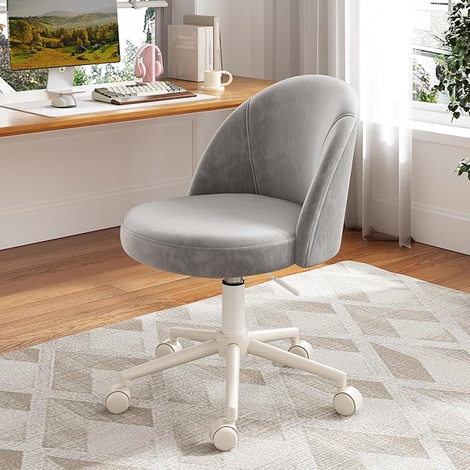 EnHomee Vanity Chair with Wheels, Cute Desk Chair Comfy with Back,Small Office Chair with Adjustable Rolling Swivel for Makeup Room Bedroom, Home Office, Armless,Muted Grey