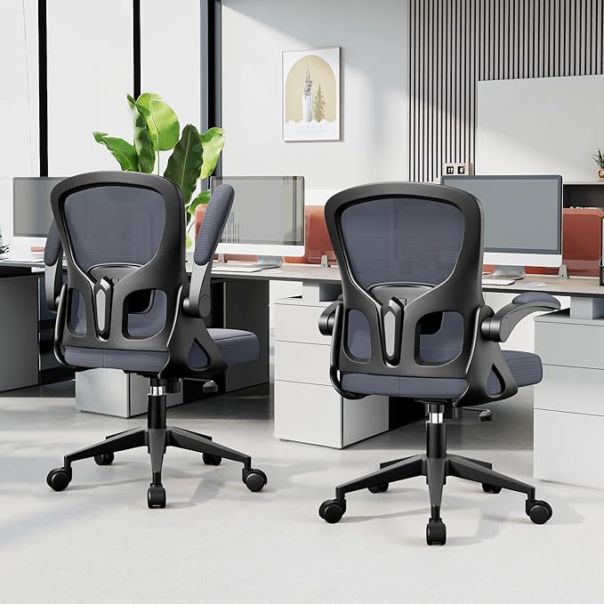 Office Chair Ergonomic Desk Chair, Adjustable Lumbar Support Rolling Swivel Comfy Chair with Space-Saving Flip Up Armrests, Mesh Gaming Chair for Business Work Office & Home, Dark Gray 8pcs