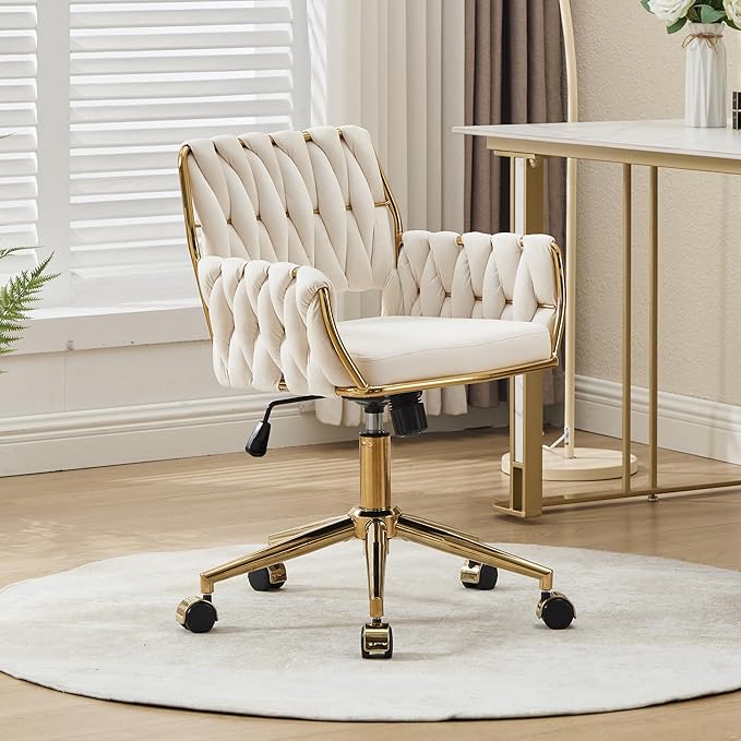 civama Velvet Office Desk Chair with Hand Woven Backrest, 360°Swivel & Height Adjustable Cute Girls Vanity Vlog Chairs, Nail Salon Bedroom Dressing Room Armchair with Gold Base and Wheels (Beige)