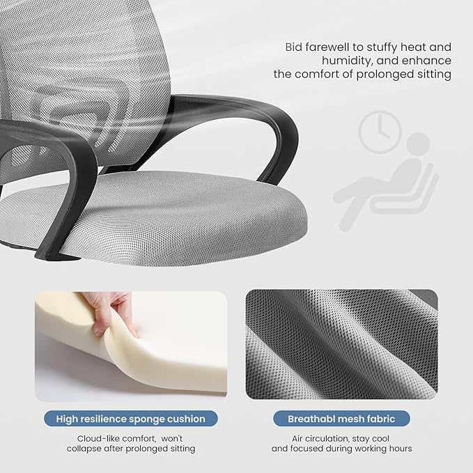 DUMOS Home Office Chair - Ergonomic Mid Back Mesh Desk Chair with Lumbar Support & Rocking Mode, Height Adjustable with Fixed Armrest, for Computer, Gaming, Meeting, 360° Swivel, Grey