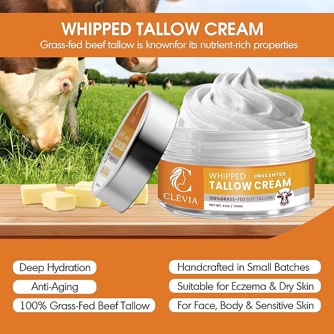 100% Grass-Fed Whipped Tallow Cream - 4 OZ Anti-Wrinkle Face+Body Balm – Organic Beef Tallow with Jojoba Oil – Deep Hydration for Dry, Sensitive & Irritated Skin (Unscented)