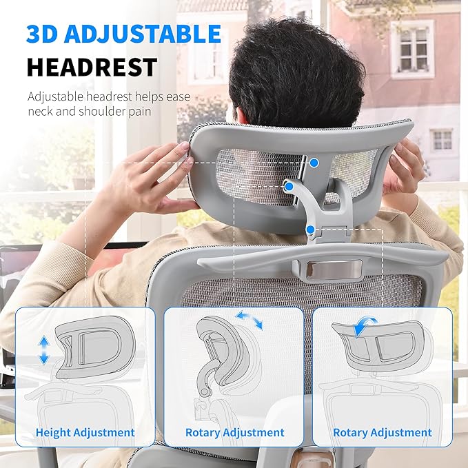 Mesh Ergonomic Office Chair with 6D Armrests,High Back Mesh Gaming Chair with Lumbar Support,Adjustable 3D Headrest for Home Office Desk Chair (Executive, Grey)