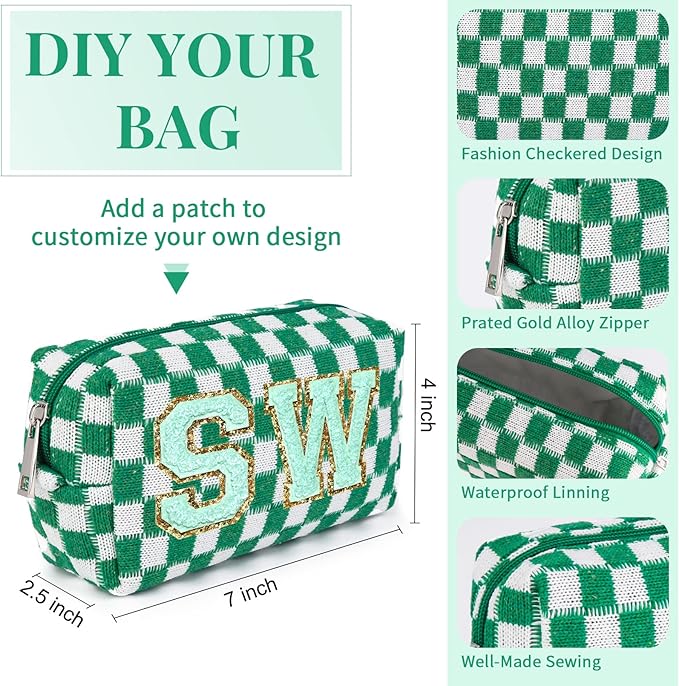 SOIDRAM Checkered Makeup Bag Preppy Cosmetic Bag Bulk Green Makeup Pouch Personalize Travel Toiletry Bag Organizer Cute DIY Makeup Brushes Storage Bag for Women