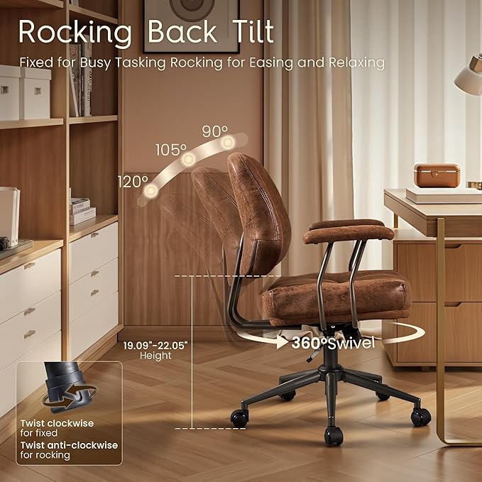 HOOOWOOO Ergonomic Office Chair,Mid Century Modern Computer Desk Chair,Comfy Executive Chair with Extra Wide Tufted Cloudy Seat Lumbar Support Rocking Back,Suede Leather Dark Brown